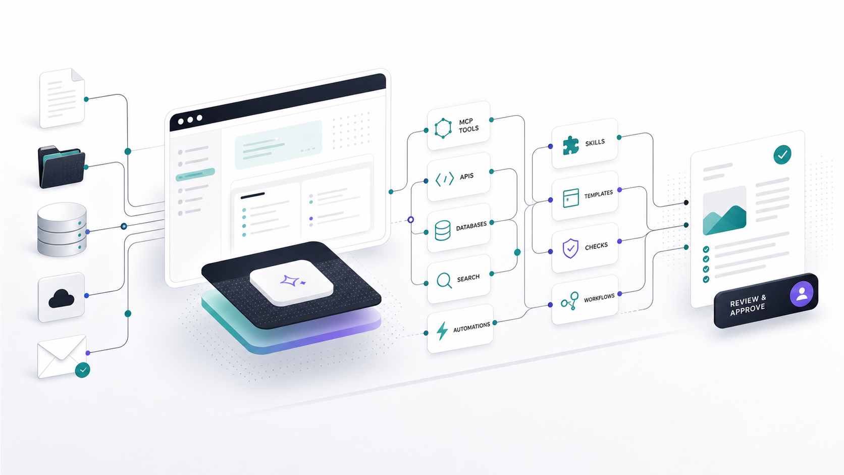 Illustration of an AI workbench connecting source material, tools, and review.